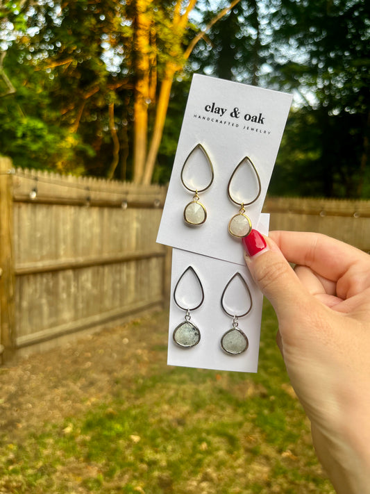 White Stone Dangle- Silver and Gold